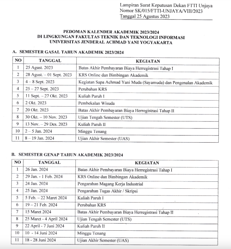 Kalender Akademik Tahun Akademik T.A 2023/2024 | Fakultas Teknik Dan ...